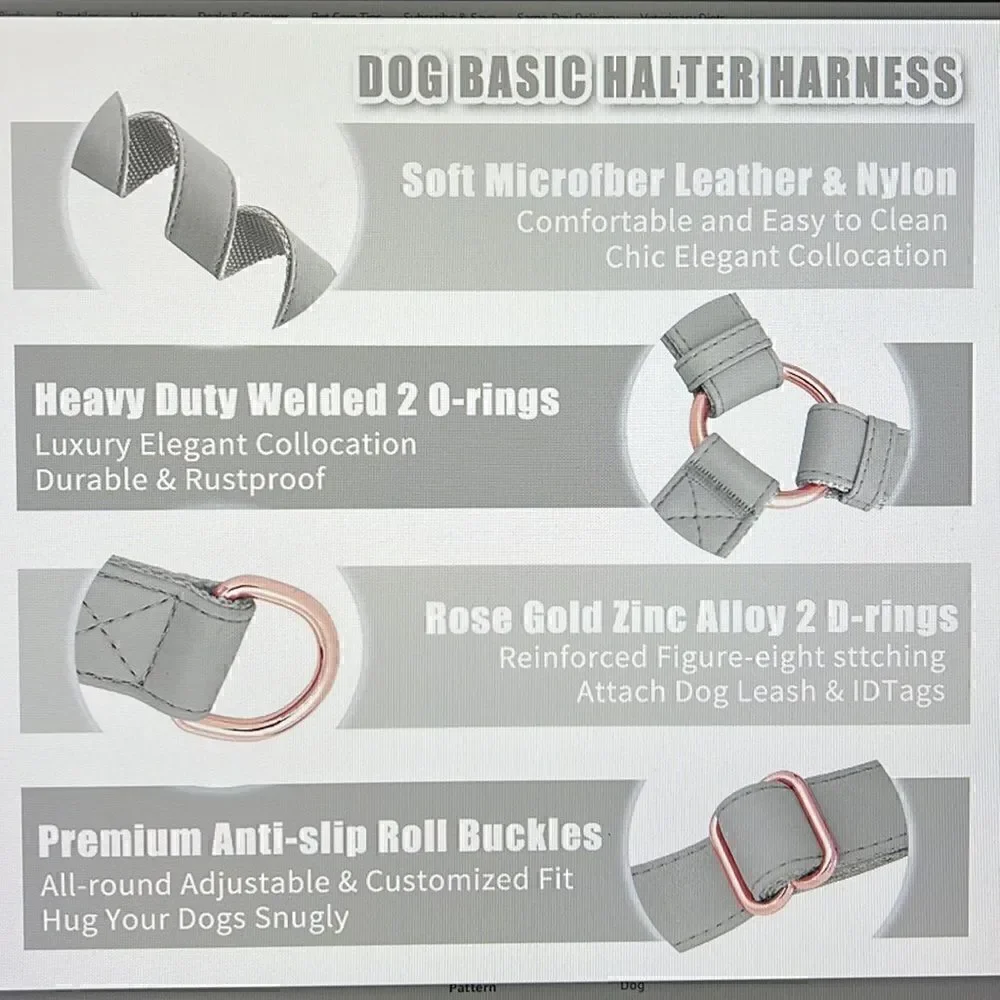 Soft Leather No Pull Dog Harness Gray/ Rose Gold Medium New!